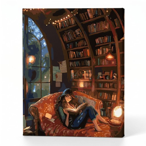 kobieta czyta książkę w bibliotece